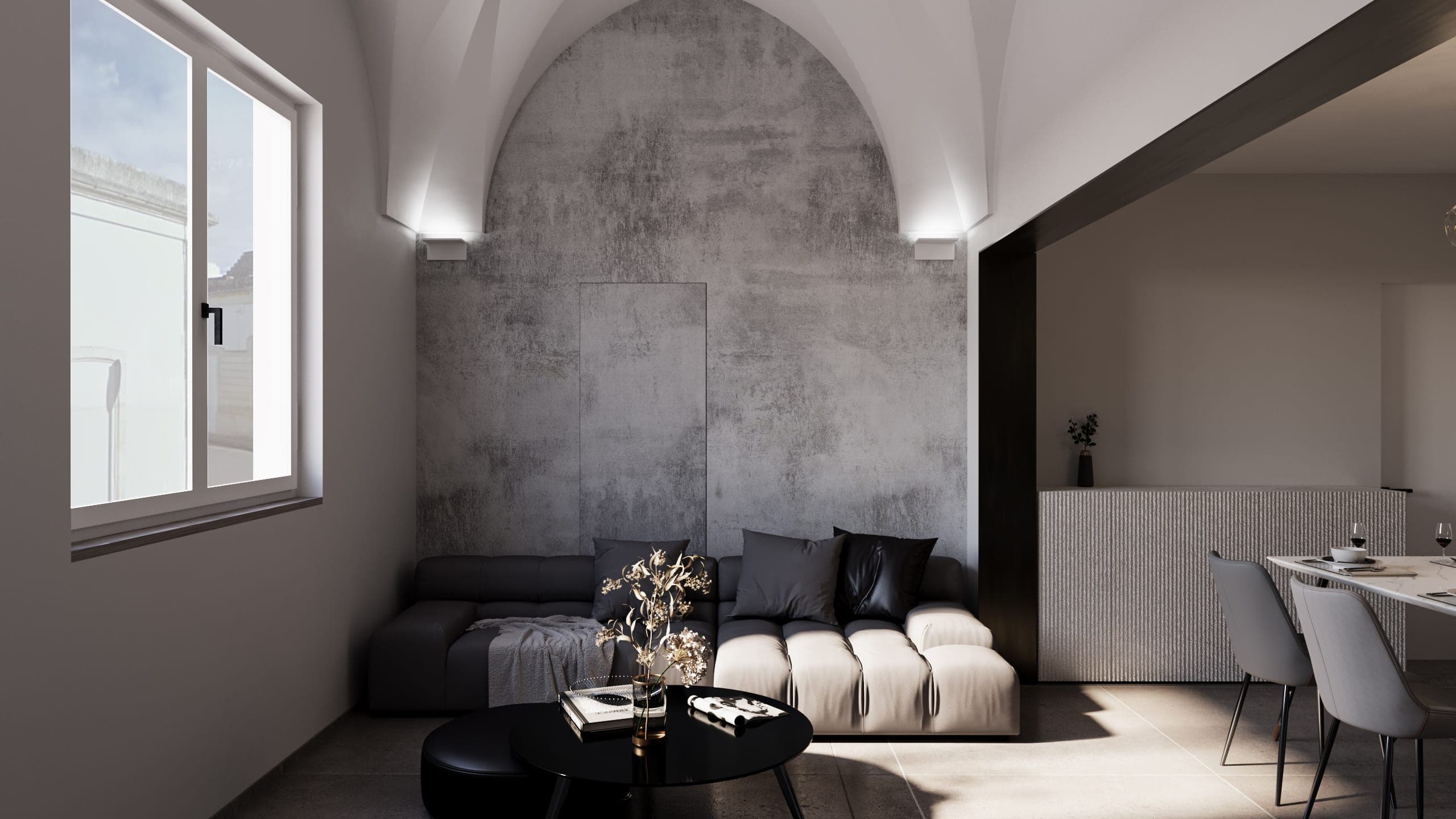 Casa Manzoni, living con volta a botte e parete in microcemento