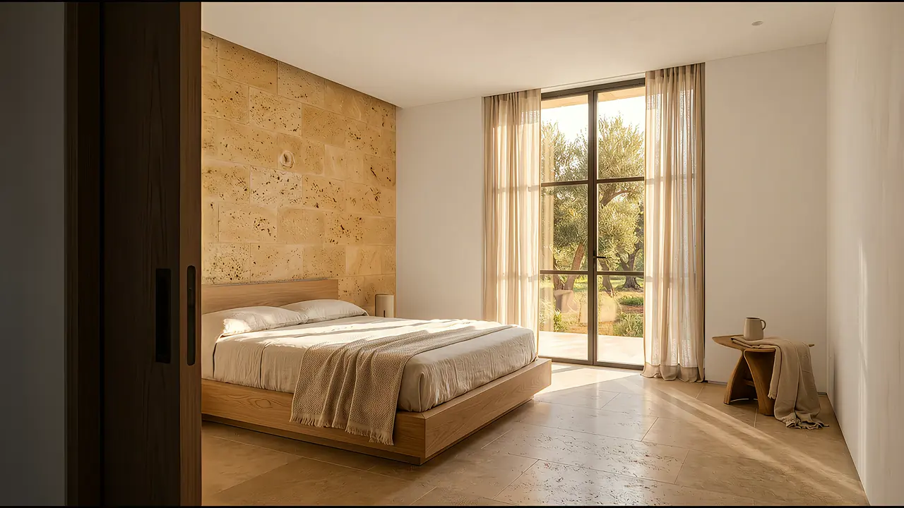 Camera da letto di una casa salentina: letto in rovere, testata in pietra leccese, vetrata con tende in lino sul giardino di ulivi nella luce dorata